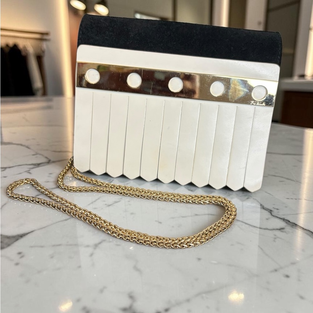 Furla White/Black Fringe Panel Gold Trim Crossbody Clutch